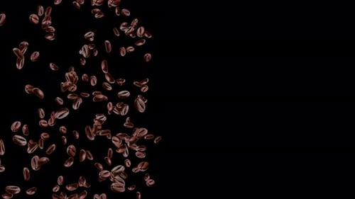 3d loop falling coffee beans, floating wave with focus on foreground Dark abstract background.