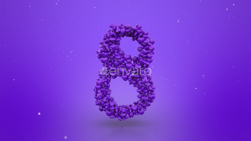 Fluid Purple Hearts Form Eight with Happy Women's Day Text Reveal