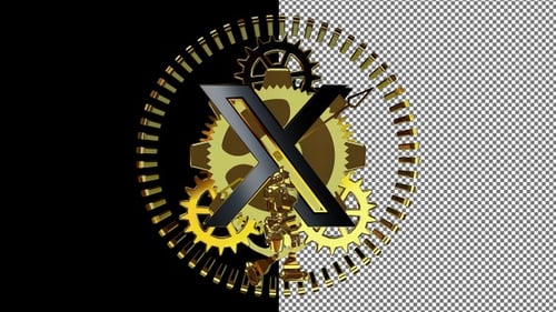 Logotipo giratório do X Twitter com mecanismo de relógio dourado e robô, canal alfa, exclusivo, renderização 3D