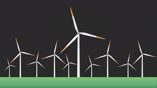 Animation mit grünen Feldern von Windmühlen