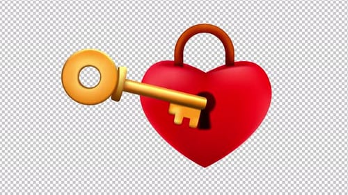 Animated 3D Heart Lock and Key Symbol