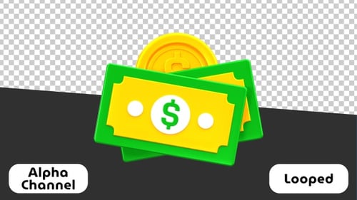 3D Cartoon Dollar Banknotes and Gold Coins Floating | Alpha Channel