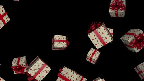Falling Gift Boxes with Red Hearts and Ribbons Animation