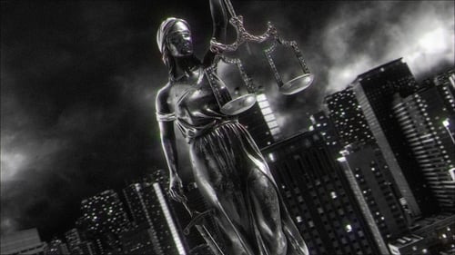 Gritty Lady Justice 3D Animation with Cityscape