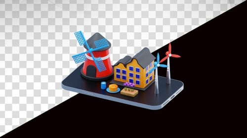 Holland village scene displayed on a smartphone surface 3d animation