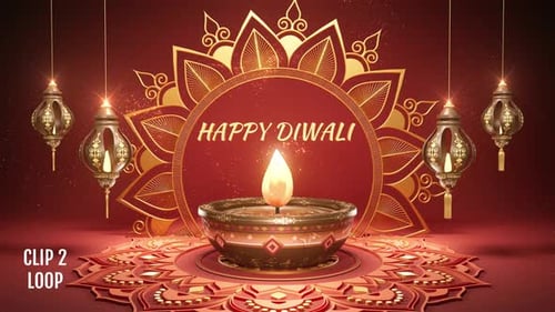 Happy Diwali Greeting with Animated Diya Lamp and Lanterns