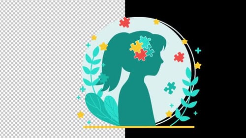 Flat Design Animated Illustration of Puzzle Pieces in a Human Head