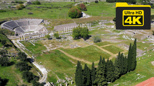 Aerial view of the ancient city of Asklepion, the first hospital in history, the ancient theater, co