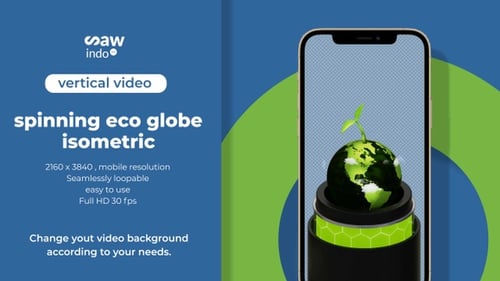 Spinning Eco Globe Isometric – Green Earth Loop | 4K Vertical Transparent Animation