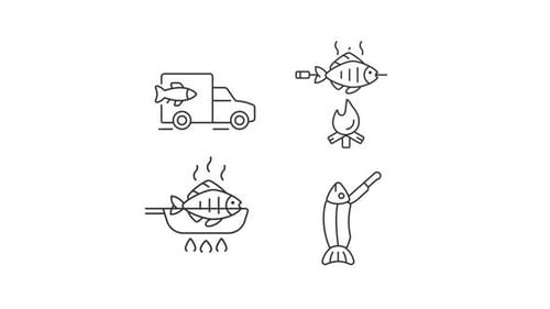 Minimalist Animated Fish and Seafood Production Line Icons