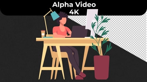Flat Design Animation of Person Working at Desk with Computer
