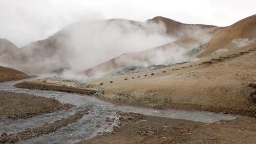 Geothermal Area in Iceland, with solfataras, mud volcanoes, fumaroles, and steaming hot springs.