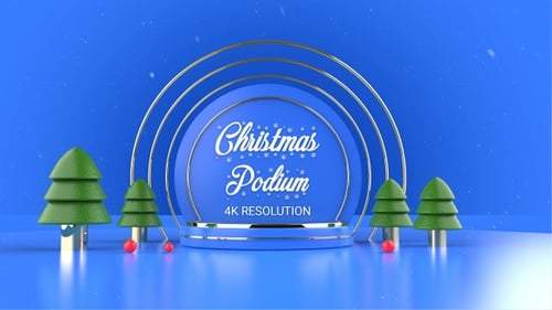 Modern 3D Christmas Scene with Pedestal and Falling Snow