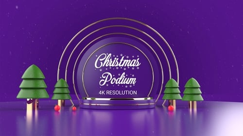 Modern Christmas Podium Display with Stylized Trees and Falling Snow