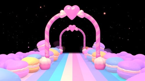 Surreal 3D Path of Macarons and Cupcakes with Heart Arches