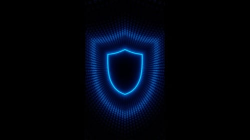 Blue Neon Shield Icon with Digital Security Background Animation