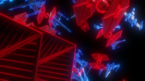 Futuristic Neon Wireframe Spaceships Swirling Animation