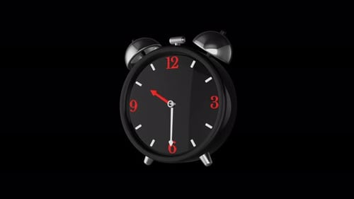 Réveil noir avec des aiguilles qui se déplacent rapidement sur fond transparent. Animation 3D prête à être mise en boucle