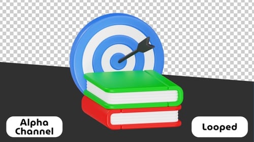 3D Animated Educational Target with Books for Learning and Goal Setting | Alpha Channel