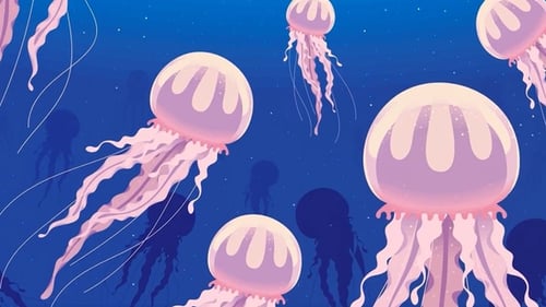 Glowing Pink Jellyfish Floating in Deep Blue Ocean, Aquatic Animals, Marine life, Cartoon Animations