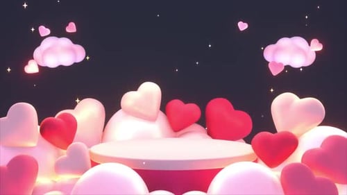 Animated 3D Romantic Hearts Display Stage with Glowing Clouds