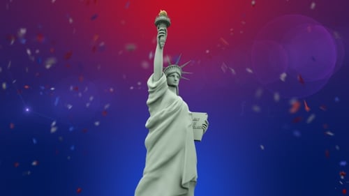 3D Statue of Liberty with Fireworks and Confetti for Independence Day