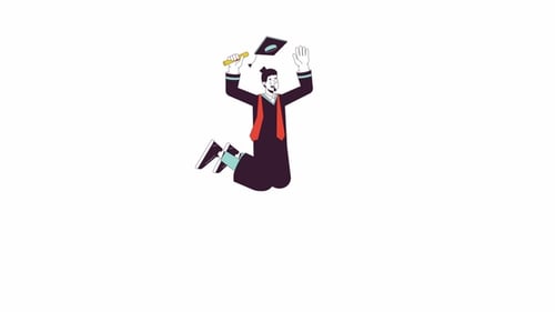 Flat Design Animated Graduate Celebrating with Cap and Diploma