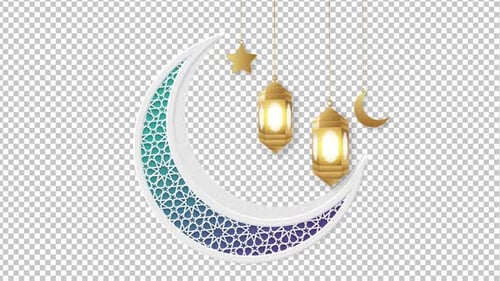 Animated Ramadan Eid Crescent Moon and Lanterns