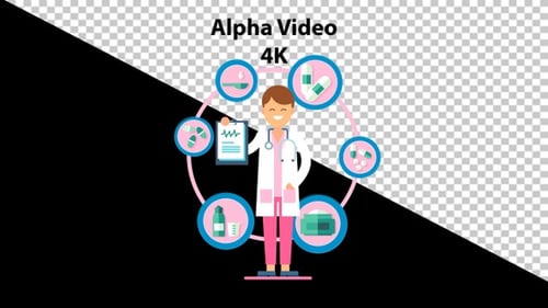 Flat Design Doctor Character with Rotating Medical Icons Animation