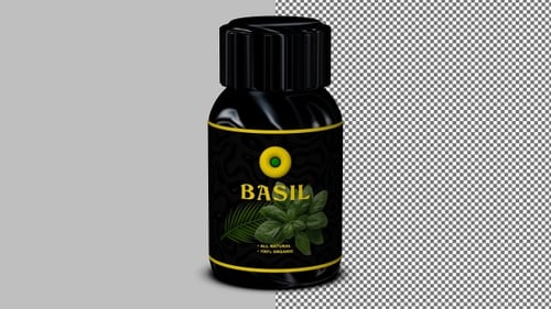 Basil in a sleek black bottle rotating on clear background, seamless loop for spice visuals