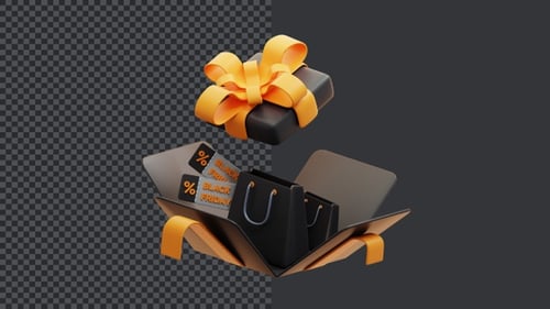 3D Gift Box Opening with Shopping Bags and Black Friday Text