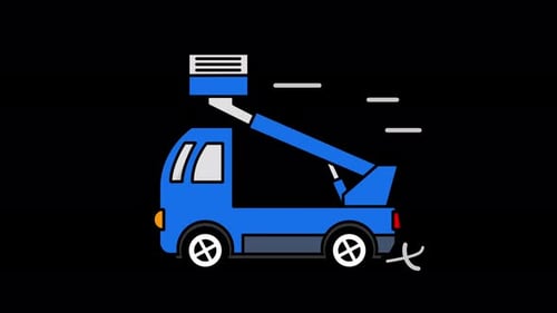Plataforma de trabajo aéreo, animación de iconos de camión, fondo transparente 2D y canal alfa