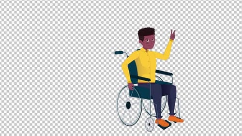 Animated Person in Wheelchair Giving Peace Sign Flat Design
