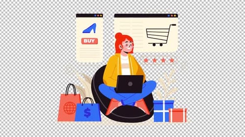 Animated Woman Online Shopping with Laptop Flat Design Illustration