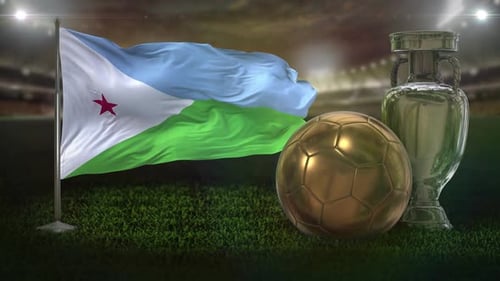 Djibouti National Flag Waving with Soccer Ball and Championship Trophy