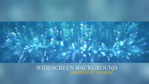 Digitale Hintergrundschleife mit blauen Blumen und Partikeln im Breitbildformat