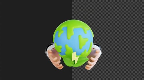 3D Animated Earth with Hands and Renewable Energy Icon