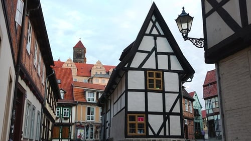 Residential buildings of medieval city in Europe. Traditional architecture half-timbered houses.