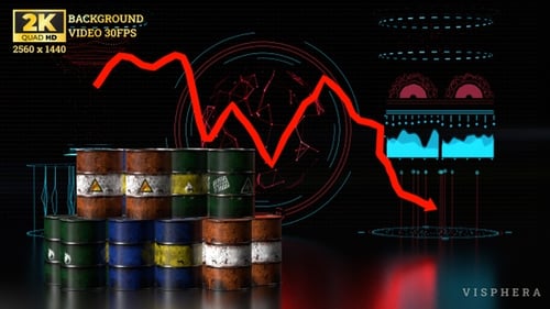 Futuristic Financial Data Chart with Animated Oil Barrels and Tech HUD