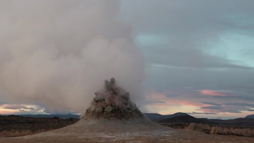 Volcanic activity. Geothermal area, fumaroles volcanic boiling mud pots, Iceland. Global warming.
