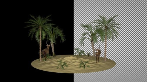 Scène naturelle : des antilopes galopent dans le désert, palmiers, canal Alpha, rendu 3D, exclusif