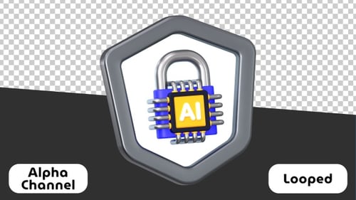 AI Circuit Padlock Cyber Security 3D Animation | Alpha Channel