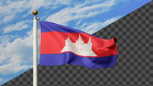 Waving Cambodia Flag on Pole with Alpha Channel