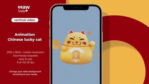 3D Vertical Chinese Lucky cat Loop Animation Transparent