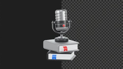 Animated 3D Retro Microphone and Books Loop on Transparent Background