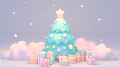 Cute Pastel Christmas Tree with Gifts and Twinkling Stars