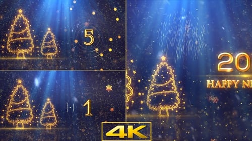 Golden New Year Countdown with Christmas Trees and Fireworks