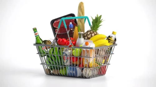 Shopping basket full of variety of grocery products, food and drink isolated on white background..