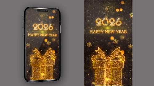 Happy New Year 2026 Countdown with Golden Glitter Gift Box