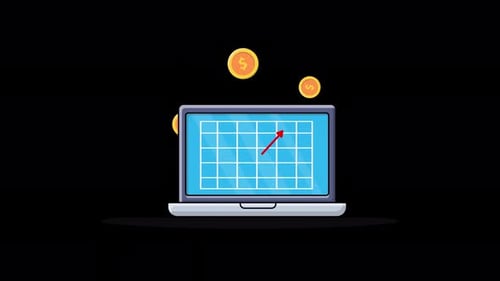 Animated Laptop with Line Graph and Falling Dollar Coins